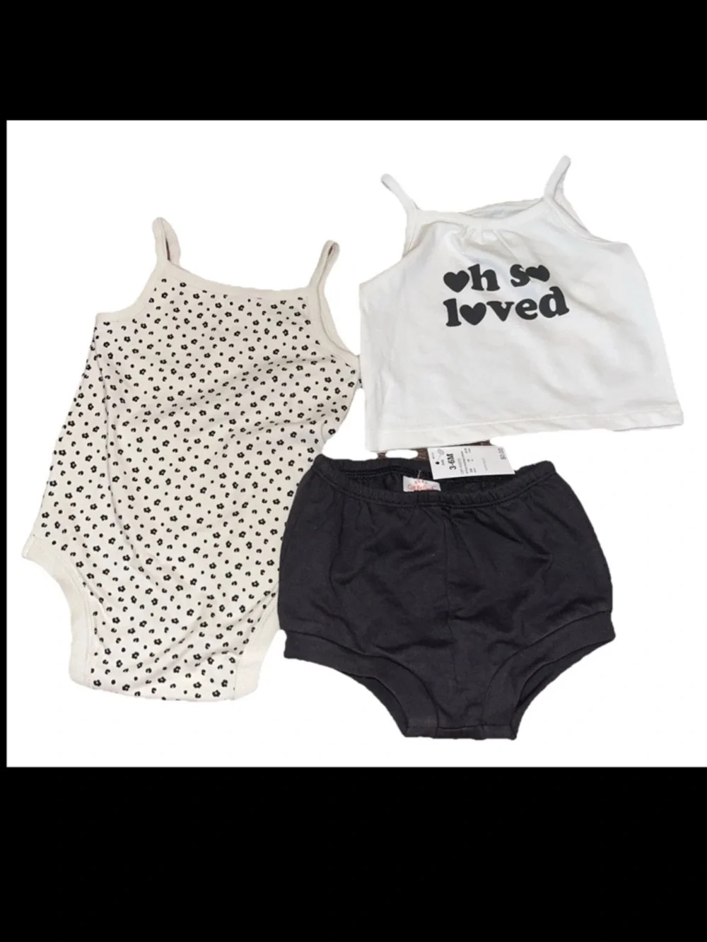Cat & Jack Tank ❤️H S❤️ LOVED Shorts & Dot Bodysuit 3-Pc Set - Cream, Black 3-6m